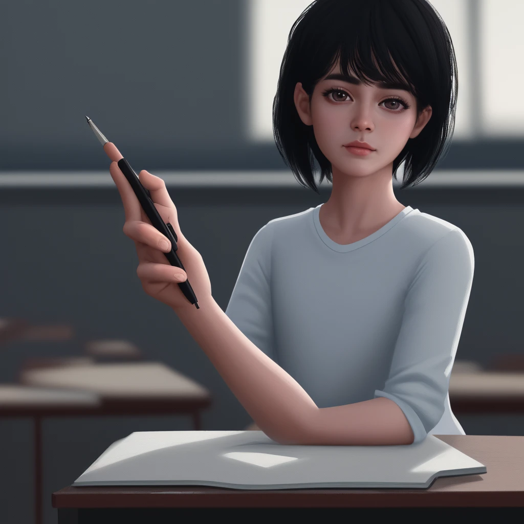detailed portrait of a young man sitting in a classroom, wearing a white t-shirt and holding a pen, black short hair, exams and books on the desk, upper body focus, Loepfe artistic style, popular on CGStation, Xinhaicheng H 2160, inspired by Bian Shoumin, Xinhaicheng, Planned, guvitz style, best quality, 4k, 8k, highres, masterpiece:1.2, ultra-detailed, realistic, photorealistic, photo-realistic:1.37, HDR, UHD, studio lighting, ultra-fine painting, sharp focus, physically-based rendering, extreme detail description, professional, vivid colors, bokeh