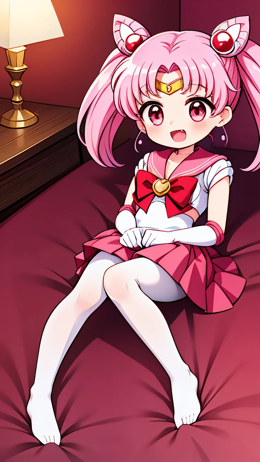 Sailor Moon，young年，Seven years old，cute，Metal hairpins，（little girl），（Little Loli），Pink Hair，（Double tail），Sailor Suit，Red bow，White elbow gloves，Red Skirt，No shoes，(White pantyhose)，(young)，(Small)，（Lying down），（Short legs），Open your mouth，Fangs，（Soles），（Sole），（High Leg Raise），（Lift your feet）