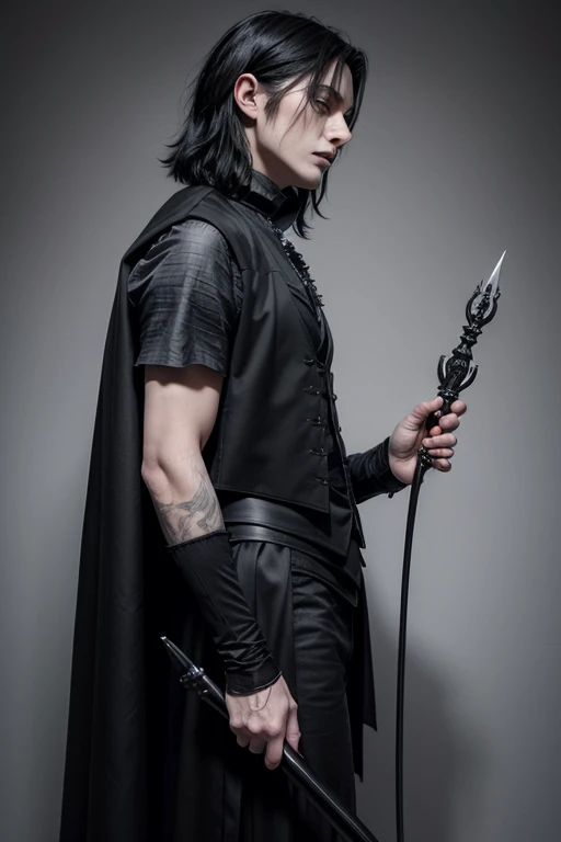 work of art: Severus Snepe, standing alone ( completely black and gothic outfit with black vest and cape) black hair, short-hair( side view with him walking) holding an epée ( of the seventeenth century, long with thick, slightly curved handle),brunette skin, Anime-shaped drawing.