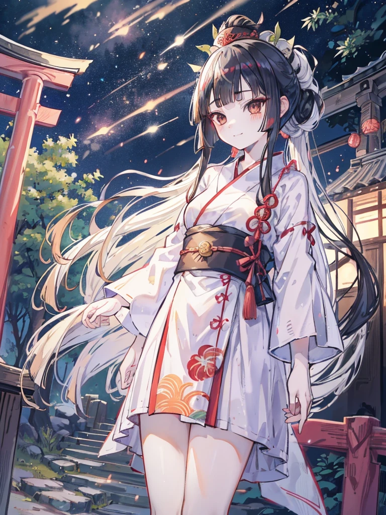 masutepiece, Ultra-detail, best quality, at night, little smile, a lot of fireflies, Shrine maiden, shrine, Deep forest, Stone torii gate, Black Hair, long hair, (Blunt Bangs:1.6), Hair tied in a ponytail, black eyes, Juozhen, White Fox,