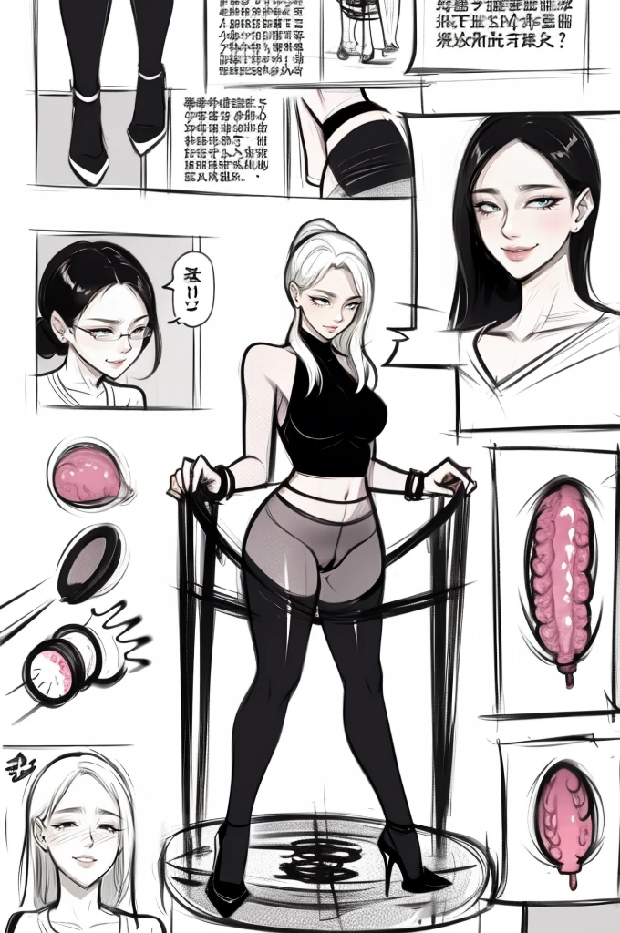 The beautiful girl in lace top and leggings is sitting astride a pile of skeletons in the center of the picture. She is holding a trembling sausage with juice squeezed out in her hand and smiling. There are multiple comic storyboards in the background,cbt, sausage bondage,sausage insertion,Sexy, trampling sausage with high heels heel,(masterpiece, best quality:1.2),1 beautiful girl,sexy,comic storyboard:2, leggings, sit astride, axially symmetrical:2, ,femdom,sounding,cbt,hold,smile,colorful,leggings,thin gap,cameltoe,insertion,trembling,juice,spray, Long hair,Lace top,Sexy, Shiny leggings, High heel,cleveage, trampling, in forest, saliva , Mucus,