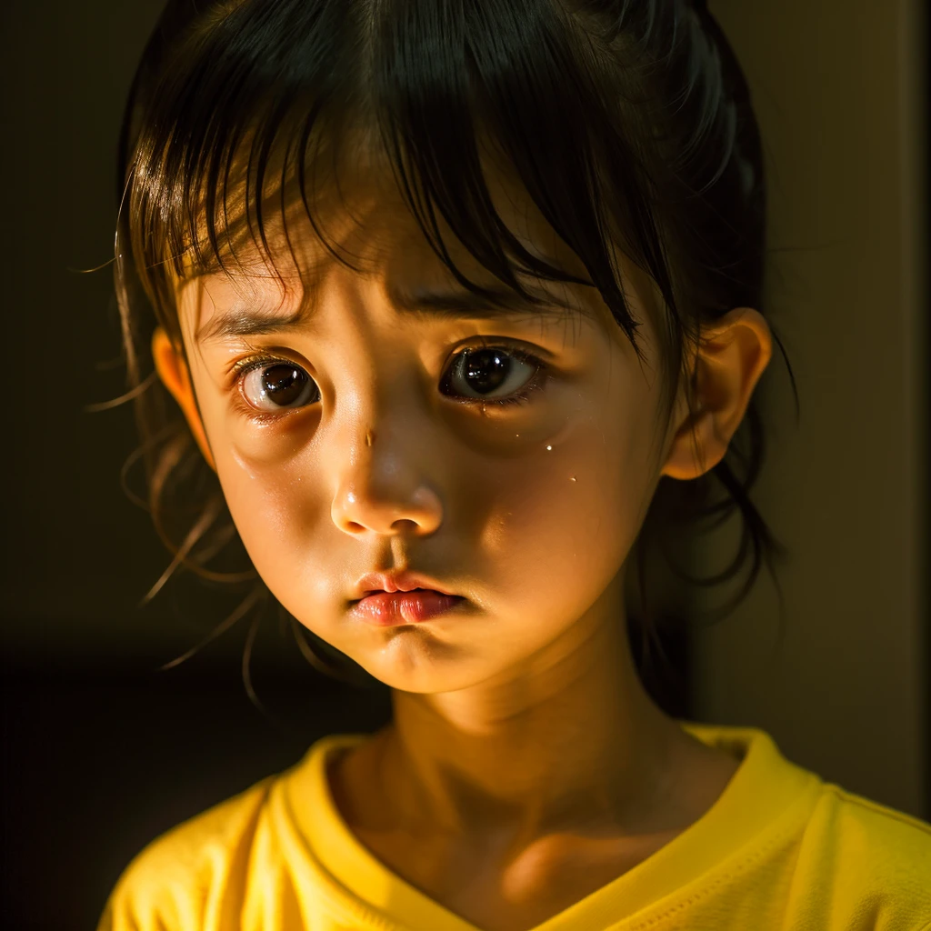 Dark Room, Crying, Crying, Sad face, , Tragic, Ultra HD、32k、Masterpiece、A kindergarten girl、 clavicle, RAW Photo、A girl with big eyes wearing light yellow clothes、Long face, Professional Lighting、Japanese anime style, Crying out loud with mouth open