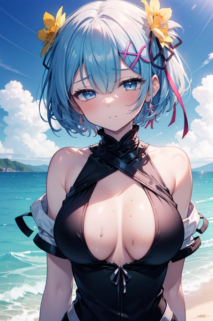 rezeroRem, Rem, blue eyes, Blue Hair, hair ornaments, Hair on one eye, hair ribbon, short hair, x hair ornaments,
(Beach salon), (Beautiful big boobs:1.3), ((salon)), Beach outfit, Dynamic pose, Professional photography, View from below,Sandy Beachで散歩している,
break outdoors, Beach,Sandy Beach,
break looking at viewer, 
break (masterpiece:1.2), Highest quality, High resolution, unity 8k wallpaper, (figure:0.8), (Beautiful attention to detail:1.6), extRemely detailed face, Perfect lighting, extRemely detailed CG, (Perfect hands, Perfect Anatomy),