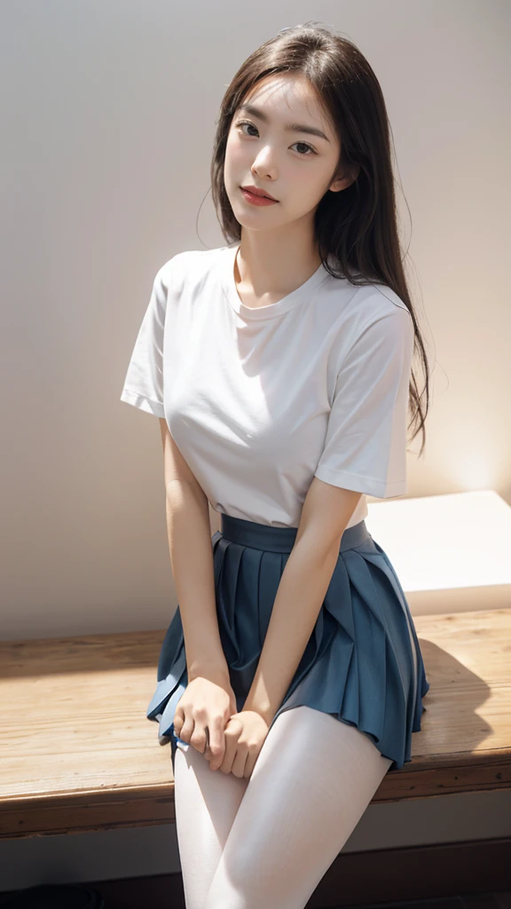 ultra Practical 8k cg, picture-Perfect face, Flawless, Clean, masterpiece, Professional artwork, Famous Artworks, Perfect face, Pretty Face, beautiful Eye, ((Perfect female body)), Solitary,(Immersive atmosphere, Chiaroscuro:1.5,Bright Light:1.2,Luminous lighting) ,,(blush:0.5),Expression,Extremely detailed_Eye,Thick thighs,Large Breasts, Beautiful and detailed background,Depth of Field,Practical:1.3, Long Shot,1 Girl,shirt,Pleated Skirt, , sit, whole body, (Ambient Light:1.3),(Composition:1.3),(Neon:0.1),(Human Development Report:0.1),Accent Lighting, White pantyhose,