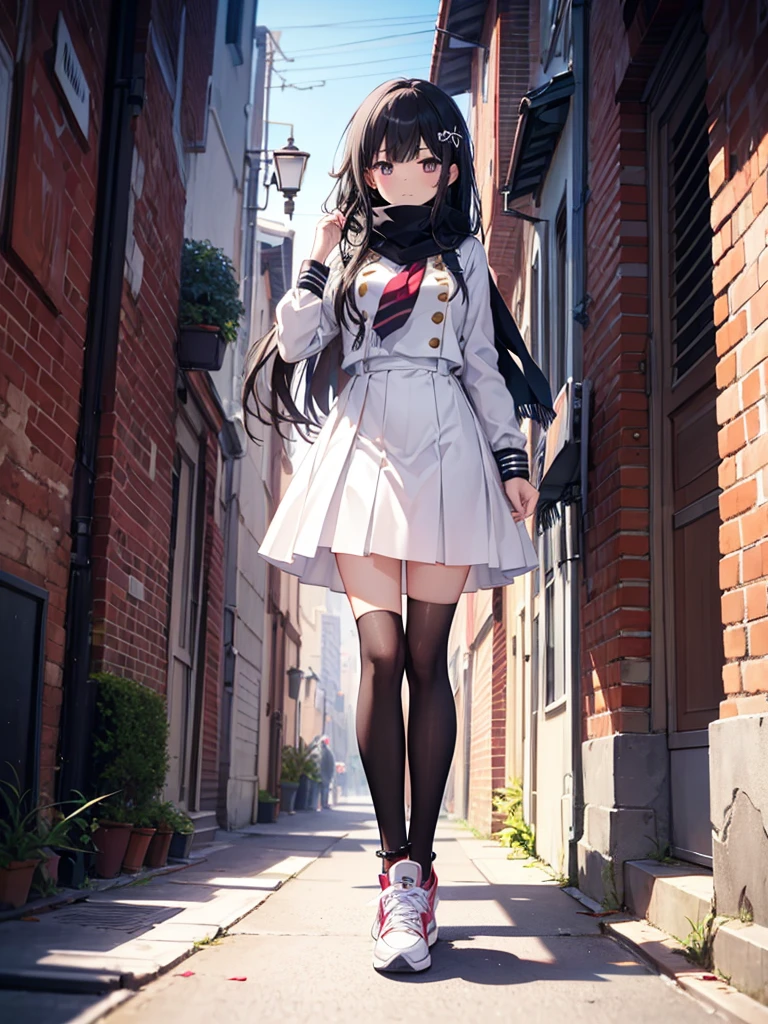 1girl,,legwear,,anklet,black hair,straight_hair,hime cut,long hair,sneakers,huge filesize,scarf，Uniforms，lace