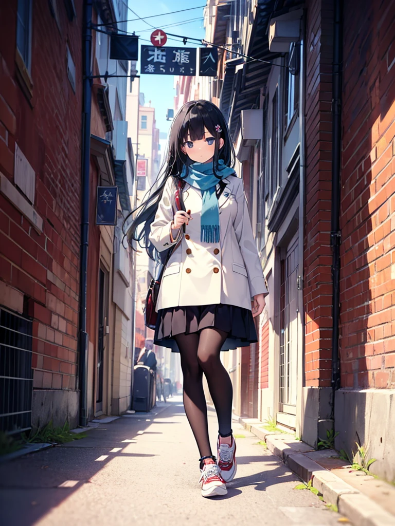 1girl,,legwear,,anklet,black hair,straight_hair,hime cut,long hair,sneakers,huge filesize,scarf,Uniforms,lace