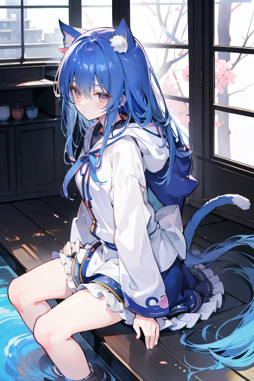 （masterpiece：1.2），Super detailed，lifelike，Expressive eyes，fair skin，perfect face shape，1 girl，
Japanese comics,Gorgeous blue hair,flowing blue hair,flowing clothes,Cat ears,Petals fall,beautiful lola,Baby Angel,sunrise,
Shaking head with one hand，Cross your legs，Gentle and peaceful background，The pavilion is cool and comfortable,smile, wearing hoodie, background of tokyo,back views,snowing, winter，seaside，wet clothes，A smile，A faint smile，。