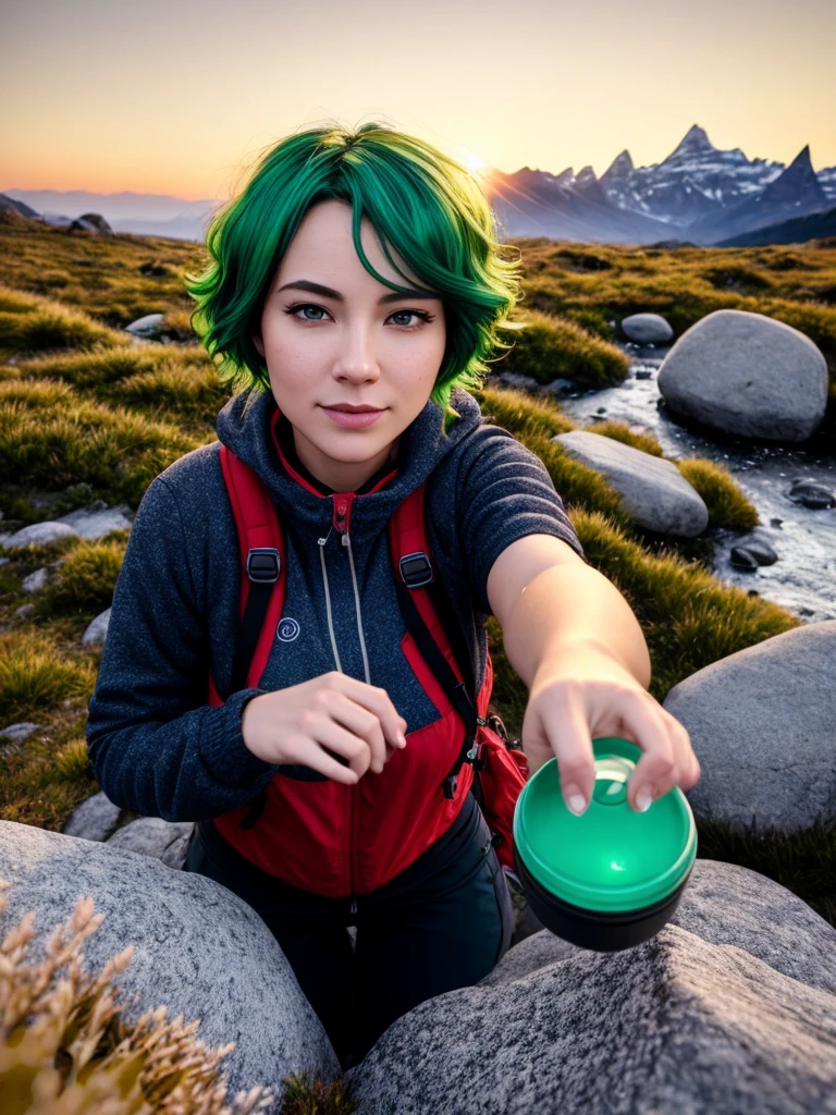 ((upper body selfie, happy)), solo, outdoors, (night), mountains, nature, (stars, moon) cheerful, happy, backpack, sleeping bag, camping stove, water bottle, mountain boots, gloves, sweater, hat, flashlight, forest, rocks, river, wood, smoke, shadows, contrast, clear sky, analog style (look at viewer:1.2) (skin texture) (film grain:1.3), (warm hue, warm tone:1.2), ((gigantic tits:1.5)), realistic nipples, (capturing the enchanting lighting of the sunset:1.1), (enhancing the beauty of her green-colored hair:1.3) Hyper-detailed, insane details, Beautifully color graded, Unreal Engine, DOF, Cinematic Lightning, Anti-Aliasing, Insanely detailed and intricate, Photorealistic, ultra photoreal, ultra- detailed, intricate details,8K, Super detailed , Full color, Volumetric lightning, HDR, Realistic, Unreal Engine, 16K, Sharp focus, Octane render