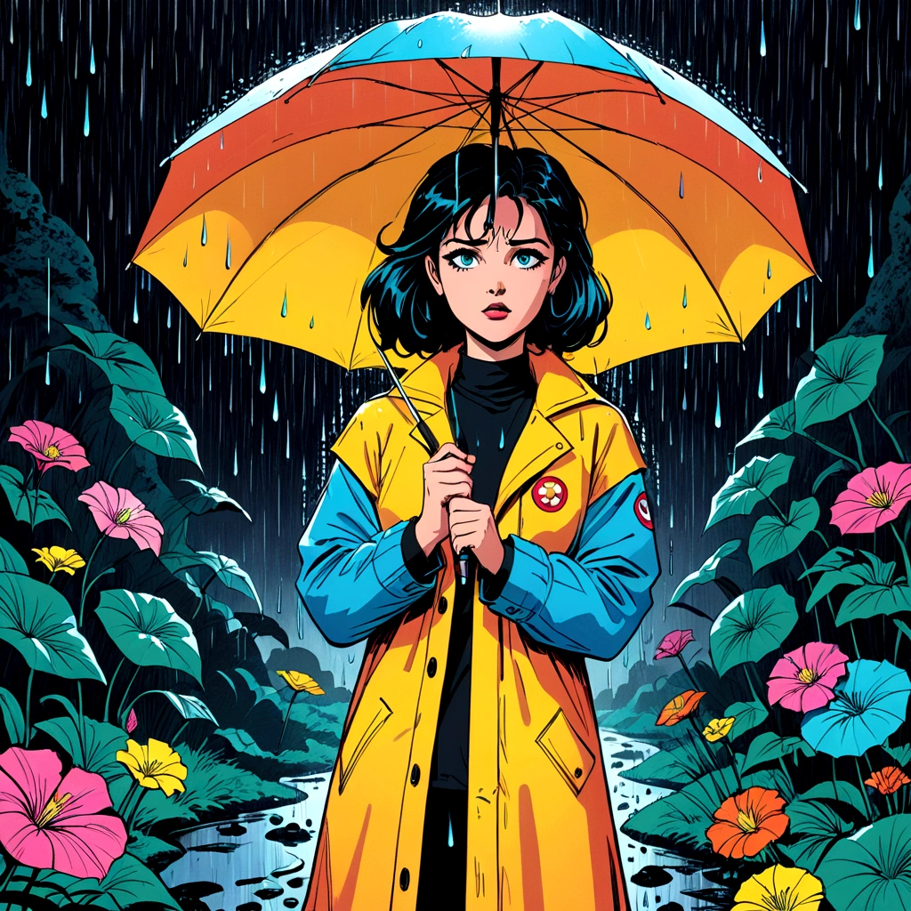 woman holding umbrella, technicolor rain, uv light face mask, , VHS, glitch, distorted, nostalgia, 90's retro vibes, analog tape, vcr aesthetics, tv, television, 1990's cartoon homage), comic 1990's, animated tv show screengrab, cinematic poster, image within image, multiple exposure, massive scale, rich color grading for shading depth, hand drawn rotoscope cartoon realism, chiaroscuro lighting, mixed media, vintage comic, retro original design, 1990's comic, sense of movement energy, A black and white world, holding umbrella, each drop of rain unleashes a ripple of color, bringing color to this otherwise mundane world, color reverberating out from each raindrop as it makes contact with the ground, subtle coloring to enrich the black and white image, rich color grading, sense of depth, shading and shadows