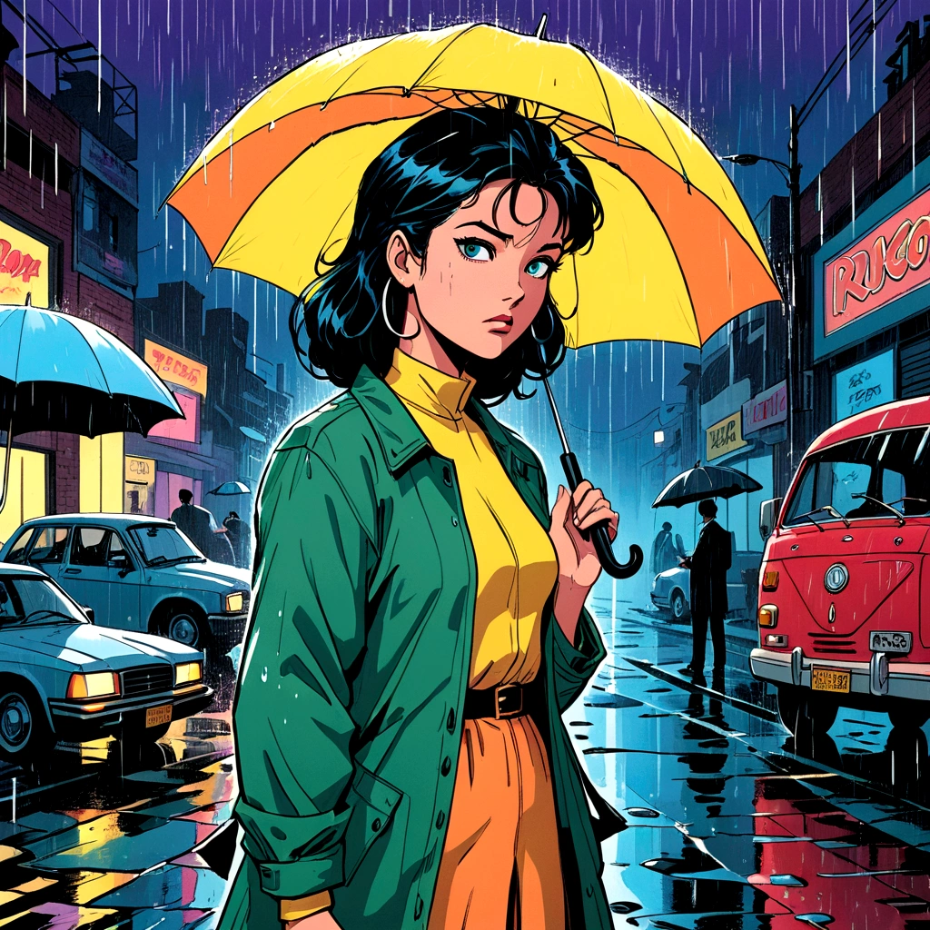 woman holding umbrella, technicolor rain, uv light face mask, , VHS, glitch, distorted, nostalgia, 90's retro vibes, analog tape, vcr aesthetics, tv, television, 1990's cartoon homage), comic 1990's, animated tv show screengrab, cinematic poster, image within image, multiple exposure, massive scale, rich color grading for shading depth, hand drawn rotoscope cartoon realism, chiaroscuro lighting, mixed media, vintage comic, retro original design, 1990's comic, sense of movement energy, A black and white world, holding umbrella, each drop of rain unleashes a ripple of color, bringing color to this otherwise mundane world, color reverberating out from each raindrop as it makes contact with the ground, subtle coloring to enrich the black and white image, rich color grading, sense of depth, shading and shadows