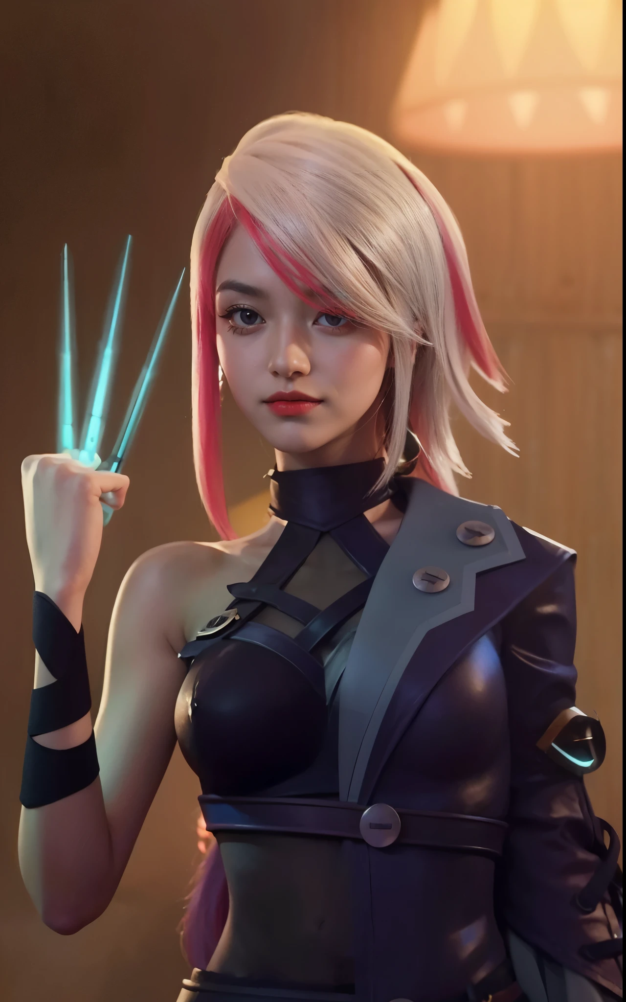 (female:1.2), 8k, ultra hd, ultra detailed texture, hyper realistic, masterpiece, detailed texture, detailed face, detailed skin, detailed lighting, (photorealistic:1.5), best quality, beautiful lighting, cinematic lighting, professional lighting, ultra highres, realistic, detailed hair, real hair, high quality, (realskin:1.5), extremely detailed, finely detail, ultra-detailed, 1girl, solo, elf, pointy ears, standing, demon horns, forehead protector, (red eyes:1.5), v-shapped eyebrow, lips, red lips, evil smile, nose, make up, pretty, beautiful, cute face, long hair, blue hair, high ponytail, large breasts, cleavage, armpit, navel, stomach, black armor, pauldrons, bare shoulders, shoulder armor, thigh high, sleevless, detached sleeves, breastplate, gauntlets, karina \(mobile legends\), depth of field, looking aways, white skin, skin tight, amazing pose, outdoors, glowing, dark view, blurry background