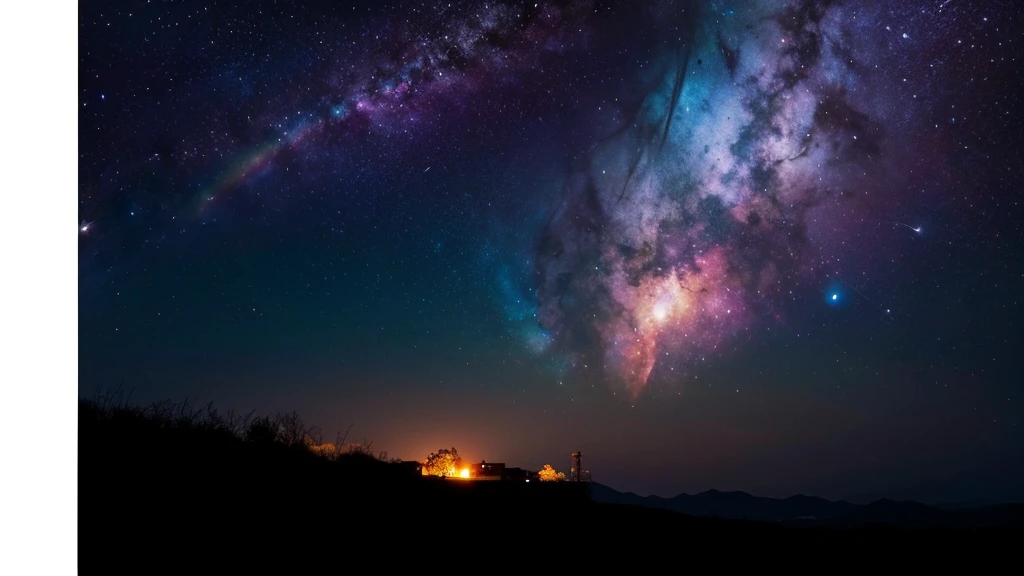 Wide Landscape Photos, (Looking from the bottom up, The sky is above, There is open space below), (Full Moon: 1.2), (meteor: 0.9), (nebula: 1.3),, (暖lamp: 1.2), (firefly: 1.2), lamp, Lots of purple and orange, Intricate details, Volumetric LightingBREAK (masterpiece: 1.2), (best quality), 4K, Extremely detailed, (Dynamic Combination: 1.4), Rich in details,Colorful, (Rainbow Colors: 1.2), (glow, Ambient Lighting), Like a dream, magic, (solitary: 1.2) Peach Blossom Tree