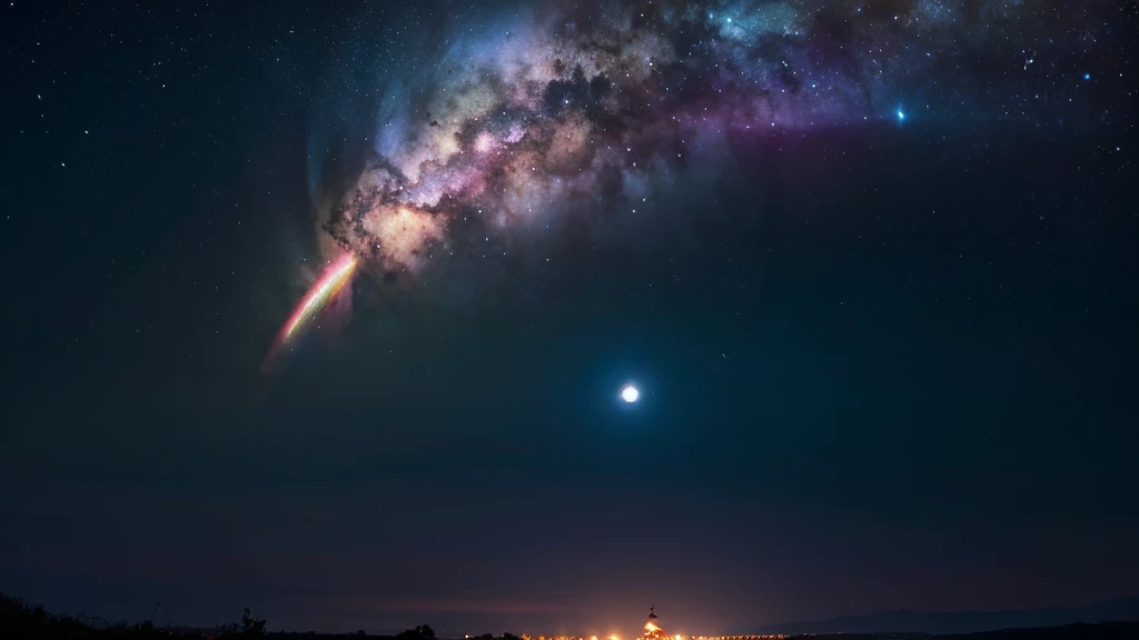 Wide Landscape Photos, (Looking from the bottom up, The sky is above, There is open space below), (Full Moon: 1.2), (meteor: 0.9), (nebula: 1.3),, (暖lamp: 1.2), (firefly: 1.2), lamp, Lots of purple and orange, Intricate details, Volumetric LightingBREAK (masterpiece: 1.2), (best quality), 4K, Extremely detailed, (Dynamic Combination: 1.4), Rich in details,Colorful, (Rainbow Colors: 1.2), (glow, Ambient Lighting), Like a dream, magic, (solitary: 1.2) Peach Blossom Tree