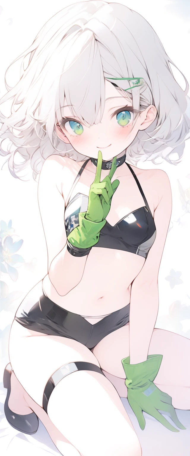 beautiful, masterpiece, Highest quality, anime, One girl, C Cup,Portrait Shot, View your viewers, Covered、Short Hair、nearby、green目、art、、White hair,Blue streaked hair、wallpaper、hairpin、Cute smile、Thighs、 green空、green_Leather Race Queen、green_Leather Gloves、Kneeling、grass、navel、peace sign