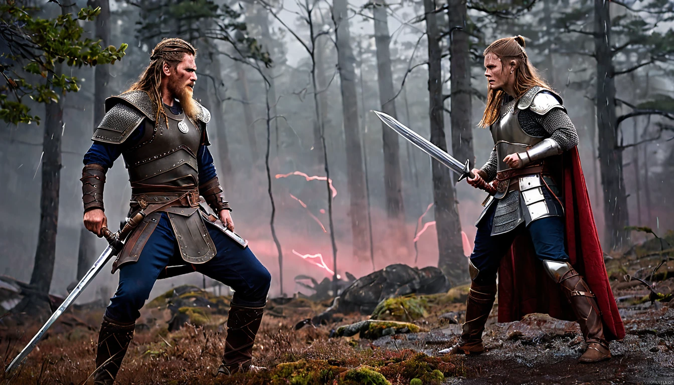Viking with long brown hair with a face like Harrison Ford, his hair moves with the wind, full body, sword in hand, rule of thirds, warrior like a Norse god, white skin tone, dressed in brown and navy blue armor , ashes and soot in the air, lightning rain, dark forest (red fog in the background), cinematic, ultra detailed, visually rich, concept art, intricate details, extremely detailed, ultra sharp focus, attention to detail, grandeur and awe , stunning visual masterpiece, double exposure, 32k, photorealistic, strong contours, cinematic scene, highest quality