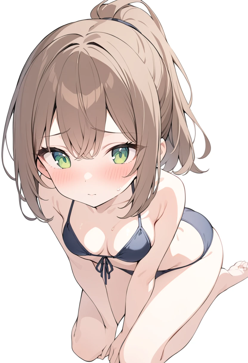 (masterpiece), (best quality), 1girl, medium breasts, brown hair, ponytail, wavy ponytail, green eyes, swimsuit, bikini, shy, blush, looking at you, full body, white background