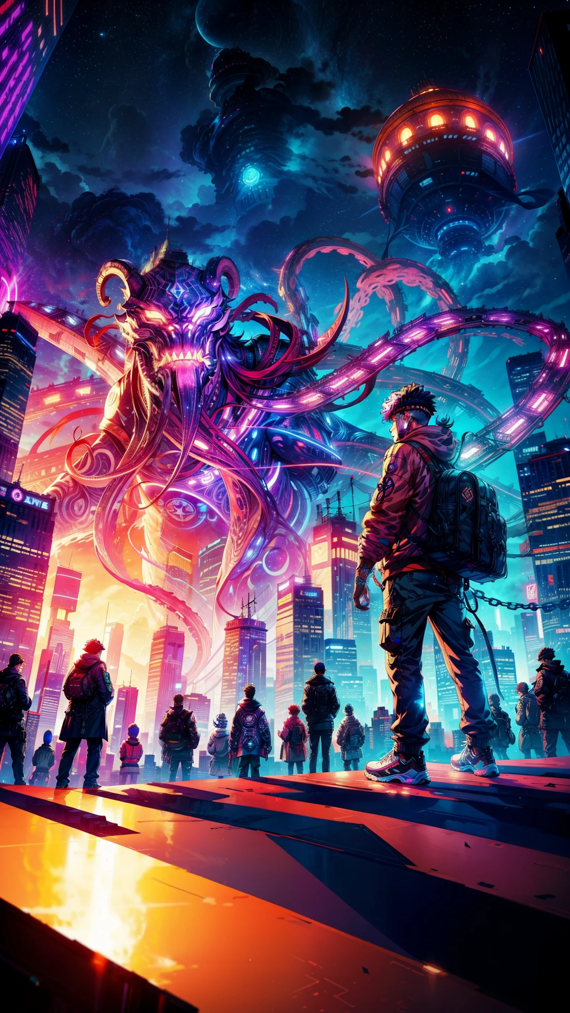 Tattos, A titanic cosmic beast with tentacles hovers above a gleaming metropolis, illuminated by the dazzling panel lights of skyscrapers. The city's inhabitants look up in alarm, while a brave teenage rapper stands defiantly, ready to battle the enormous monster. Cinematic, intense, colorful, futuristic