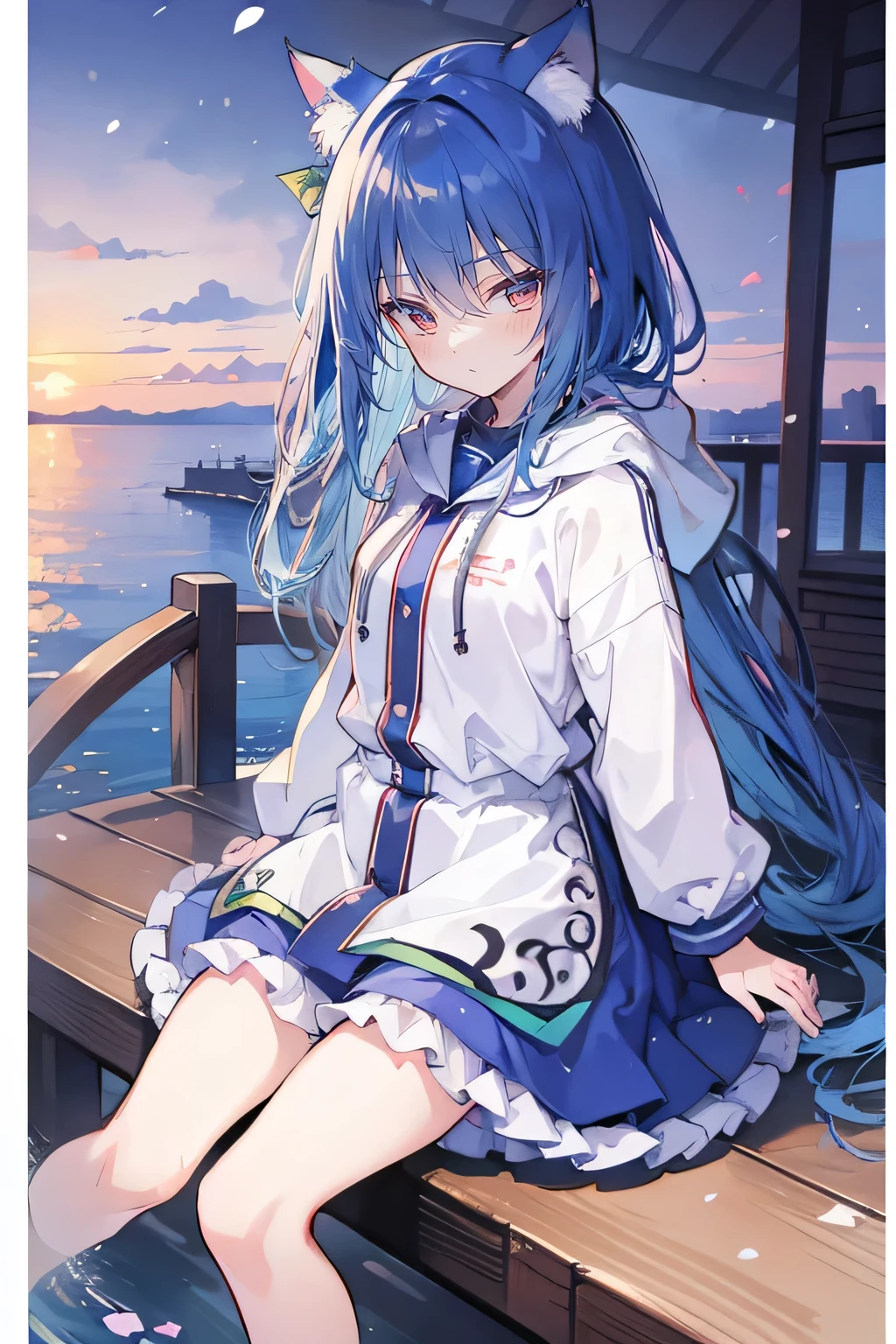 (masterpiece:1.2),Super detailed,lifelike,Expressive eyes,fair skin,perfect face shape,1 girl,
Japanese comics,Gorgeous blue hair,flowing blue hair,flowing clothes,Cat ears,Petals fall,beautiful lola,Baby Angel,sunrise,
Shaking head with one hand,Cross your legs,Gentle and peaceful background,The pavilion is cool and comfortable,smile, wearing hoodie, background of tokyo,back views,snowing, winter,seaside,wet clothes,A smile,A faint smile,。