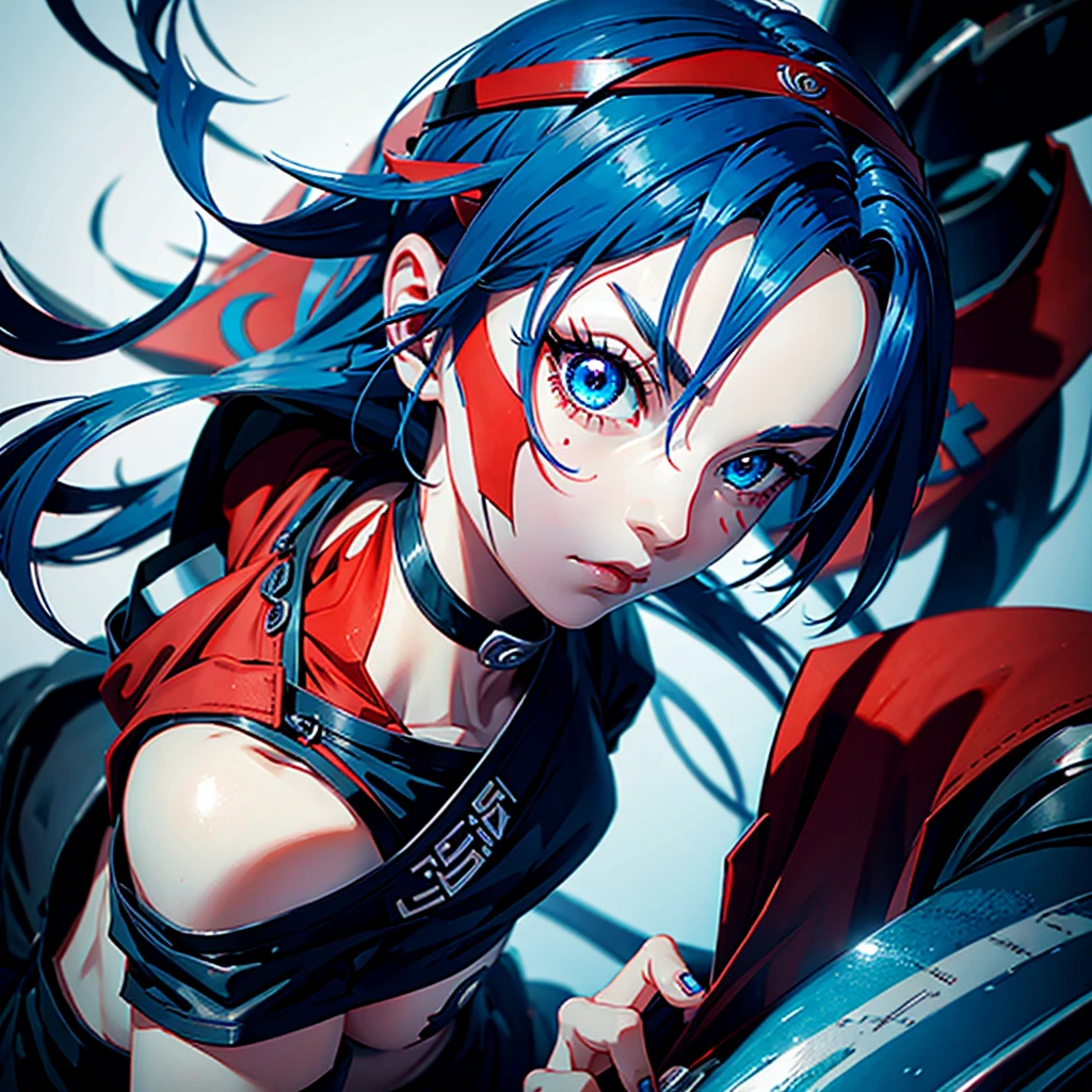 Create a nail character with blue hair red eyes from Naruto
