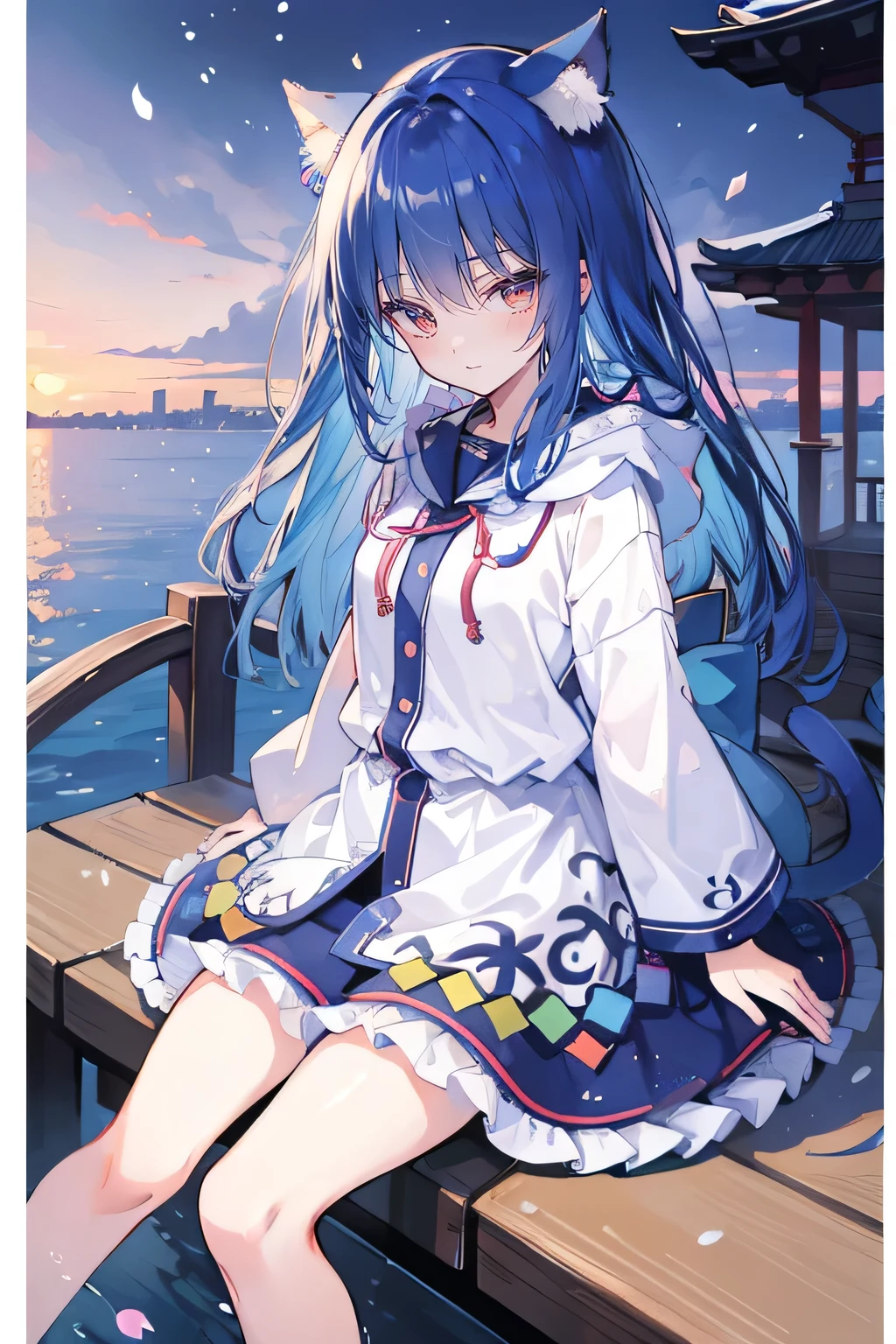 (masterpiece:1.2),Super detailed,lifelike,Expressive eyes,fair skin,perfect face shape,1 girl,
Japanese comics,Gorgeous blue hair,flowing blue hair,flowing clothes,Cat ears,Petals fall,beautiful lola,Baby Angel,sunrise,
Shaking head with one hand,Cross your legs,Gentle and peaceful background,The pavilion is cool and comfortable,smile, wearing hoodie, background of tokyo,back views,snowing, winter,seaside,wet clothes,A smile,A faint smile,。