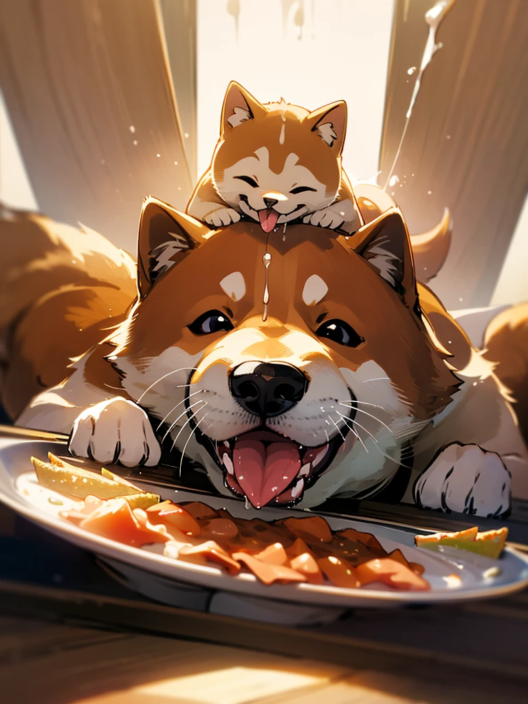 Highest quality,High resolution,1Dogs,Shiba Inu,smile,whole body,look up,looking at the camera,Bright lighting,Dripping a lot of saliva,Drooling,Stringy saliva,Open your mouth,Sticking out tongue,Saliva,eat,meal,bait,feed,sit,