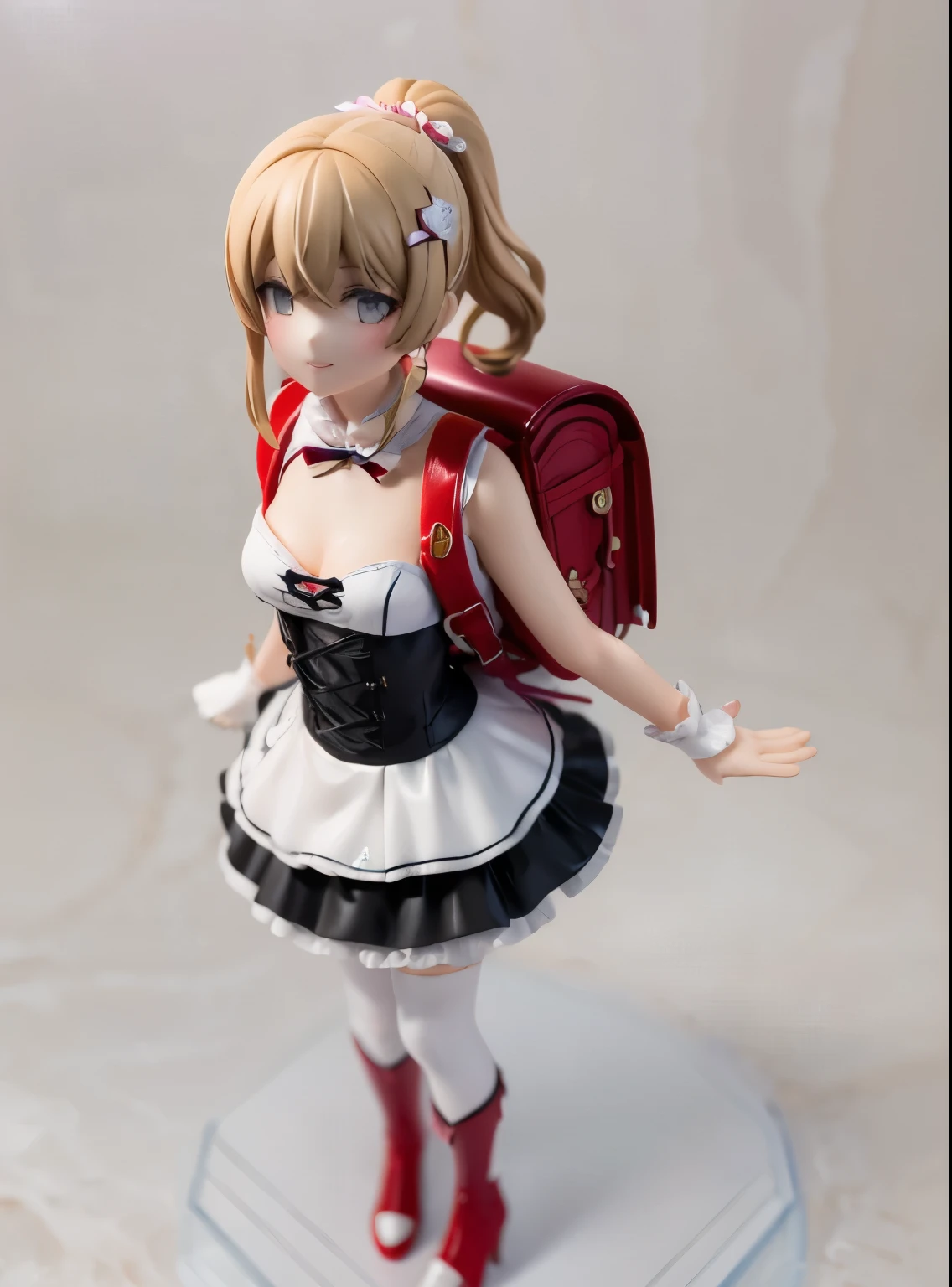 masterpiece, best quality, highly detailed, ultra high res, realistic, smile, 1girl, solo, hair ornament, blonde hair, ponytail, glossy lips, full lips, sleeveless idol dress, very puffy skirt, flared skirt, thigh highs, heeled boots, full body, cleavage, wearing red backpack, (backpack:1.2), outdoor, standing, nendoroid, PVC models