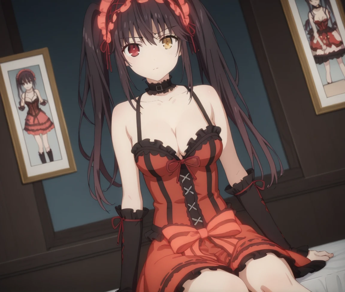 kurumi tokisaki, black hair, red eyes, long hair, twintails, yellow eyes, hairband, heterochromia, dress unbuttoned, red dress unbuttoned, bare shoulders, collarbone, choker, bowtie, red bowtie, detached sleeves, corset unbuttoned, frills, cleavage unbuttoned,sitting,legs open, looking at viewer, cowboy shot, dutch angle,showing naked breasts, medium large breasts, showing naked breasts ,
semi naked,(cowboy photo: 1.5)