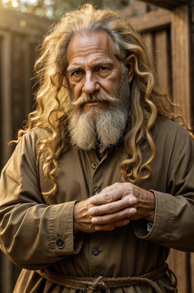 Goblin with curly golden hair, light eyes, long golden beard, wrinkled skin, small weight, big hands, small hands, light skin color