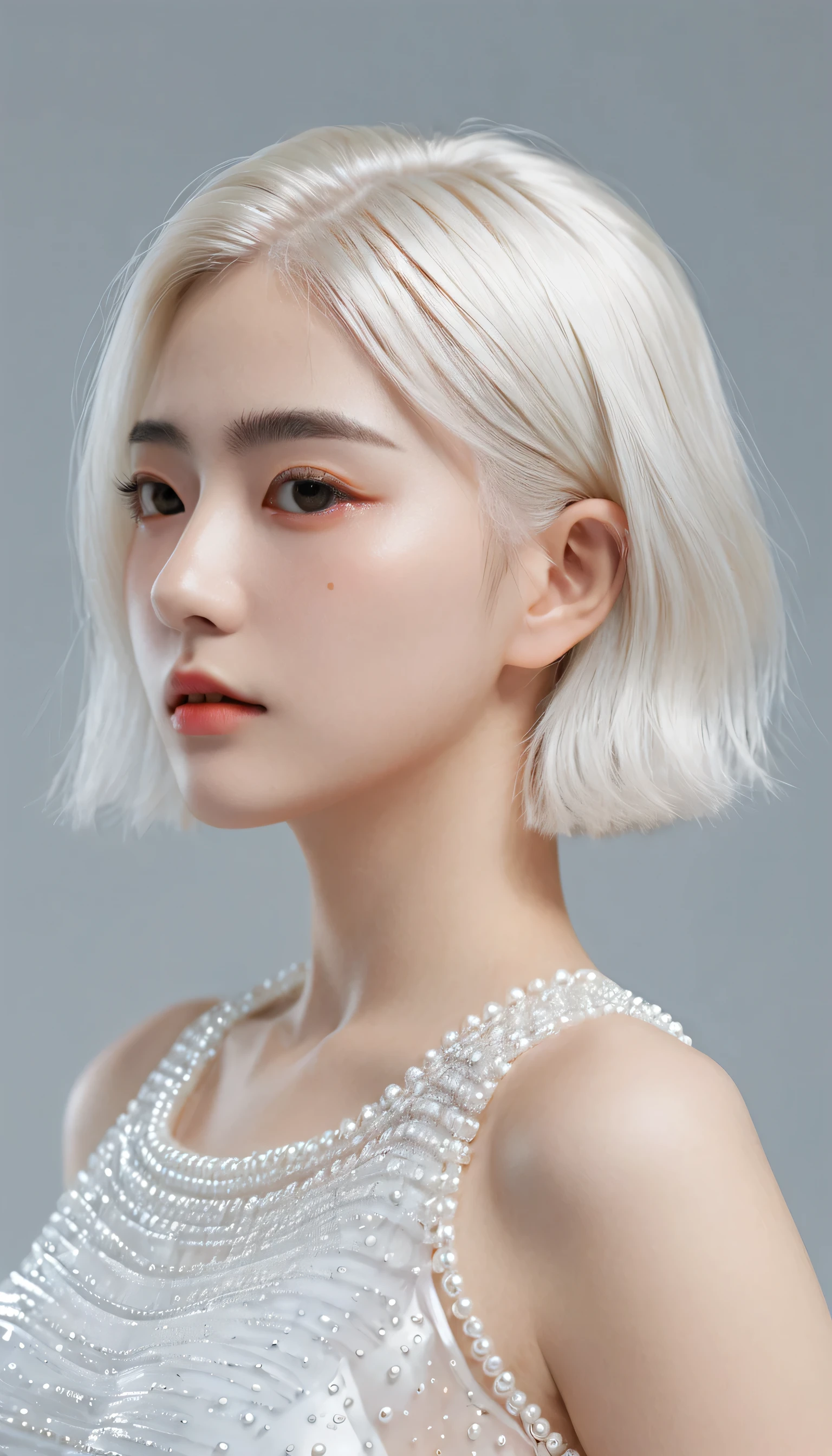 best quality,Perfect masterpiece,Perfect work of art,Official Works,8K,, (Upper body portrait:1.3),((View from the side:1.5)),Close-up lens,Delicate face,, 17 years old,white hair girl,(White hair:1.5),Short and medium-length hair,((White transparent eyes:1.5)),(White Dress:1.2),(Transparent clothing:1.2),(black background:1.3),, Pearl hallucination,cyberpunk,fashion,3S Materials,HD,Detailed expression,C4D,3d,Octane Rendering,Ray Tracing,Intricate details,Animated Lighting,Renderer,