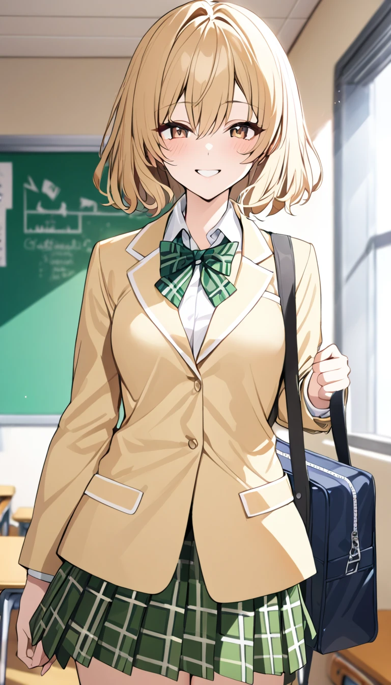 masterpiece, best quality, highres, 1girl, solo, blonde medium hair, brown eyes, , green bowtie, blazer, yellow jacket, long sleeves, plaid skirt, green skirt, standing in classroom,holding a school bag ,cowboy shot, smile,