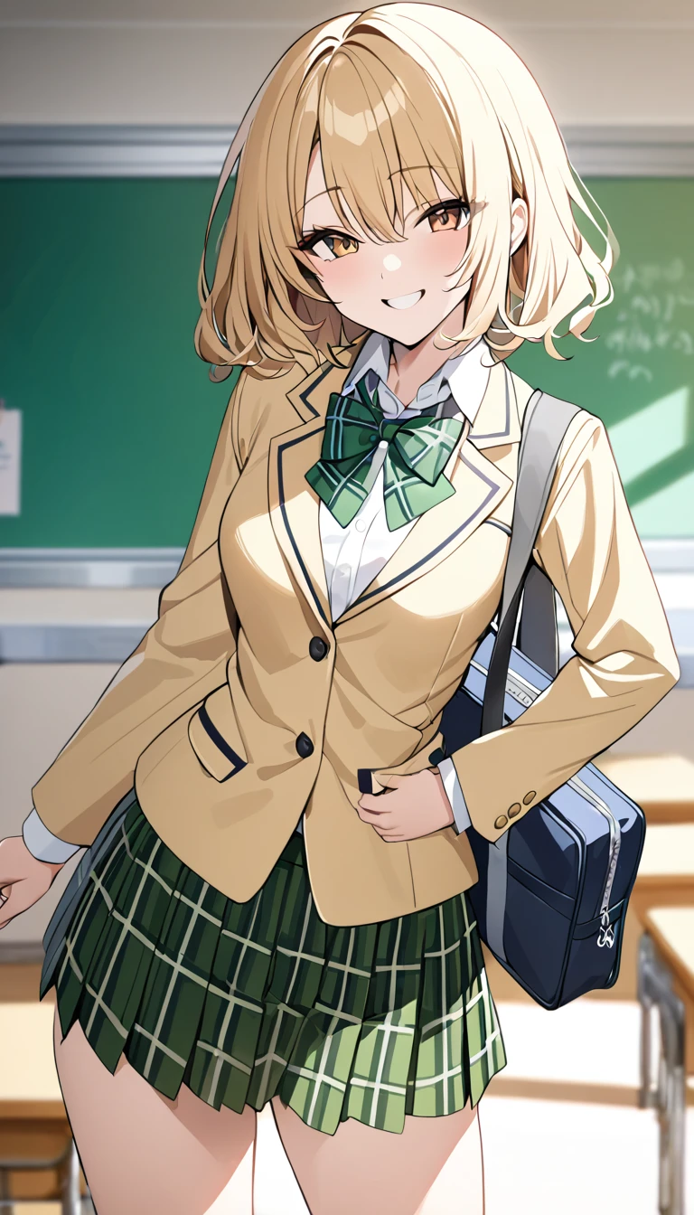 masterpiece, best quality, highres, 1girl, solo, blonde medium hair, brown eyes, , green bowtie, blazer, yellow jacket, long sleeves, plaid skirt, green skirt, standing in classroom,holding a school bag ,cowboy shot, smile,