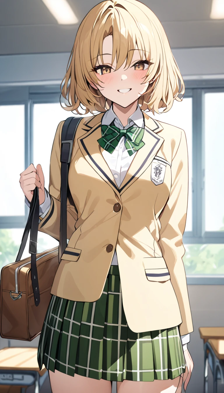 masterpiece, best quality, highres, 1girl, solo, blonde medium hair, brown eyes, , green bowtie, blazer, yellow jacket, long sleeves, plaid skirt, green skirt, standing in classroom,holding a school bag ,cowboy shot, smile,