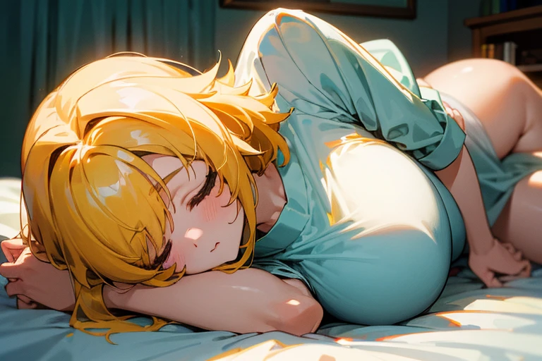 1girl, future princess guardian tales, yellow hair, short hair, hair band, bangs, hair over one eye, one eye covered, closed eyes, Absurd, High resolution, ((Tabletop)), and soul、((highest quality)), (Very detailedな), ((Very detailed)), (beautiful), ((pretty girl)), (upon:1.7), solo,19 years、beautiful face、White and clear skin、Glossy long colorful hair color、 (Big breasts:1.4)、Girl lying on king size bed in cute room、Close your eyes and sleep、hugging pillow, Cute white onesie pajamas、bare legs, white panties, sleeping face、Late at night、There are many cute fluffy stuffed rabbits and bears in the room,masterpiece, highest quality, High resolution,1 Girl, (alone:1.5), ,Cinematic Angles,perspective,