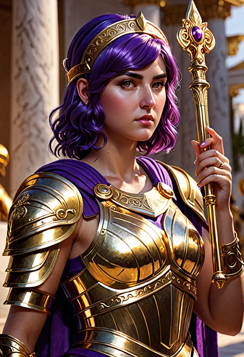 1girl, Athena, greek goddes, powerfull, purple hair, Golden armour, holding a scepter, realistic, very detailed, 4K