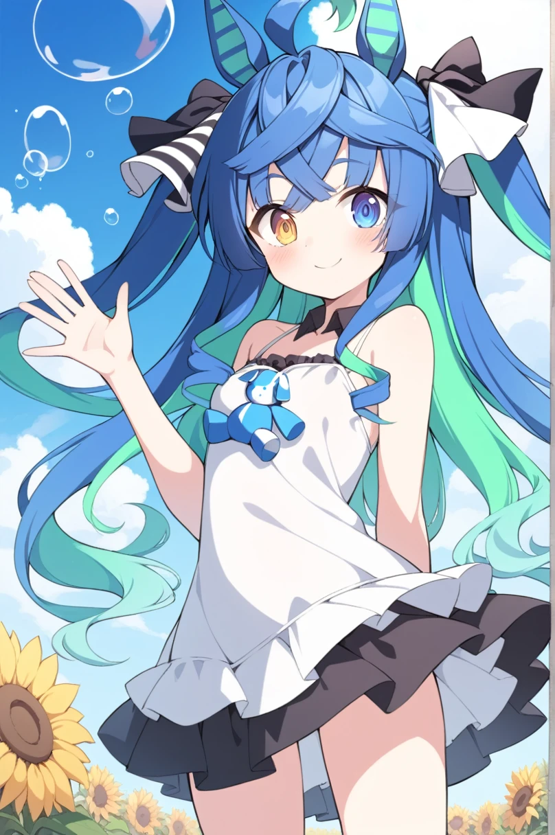 1 girl, double turbo \(umamusume\), sunflowers, standing alone, flowers, overskirt, plein-air, chemise, sky, , 弓, nube, white chemise, pleated overskirt, red 弓, 弓tie, manga curta, giorno, red 弓tie, collared chemise, standing, bangss, blue sky, black overskirt, yellow flowers, blush, heterochromia, (bubble), waving, waving arm, arm behind the back, cloused mouth, ssmile,