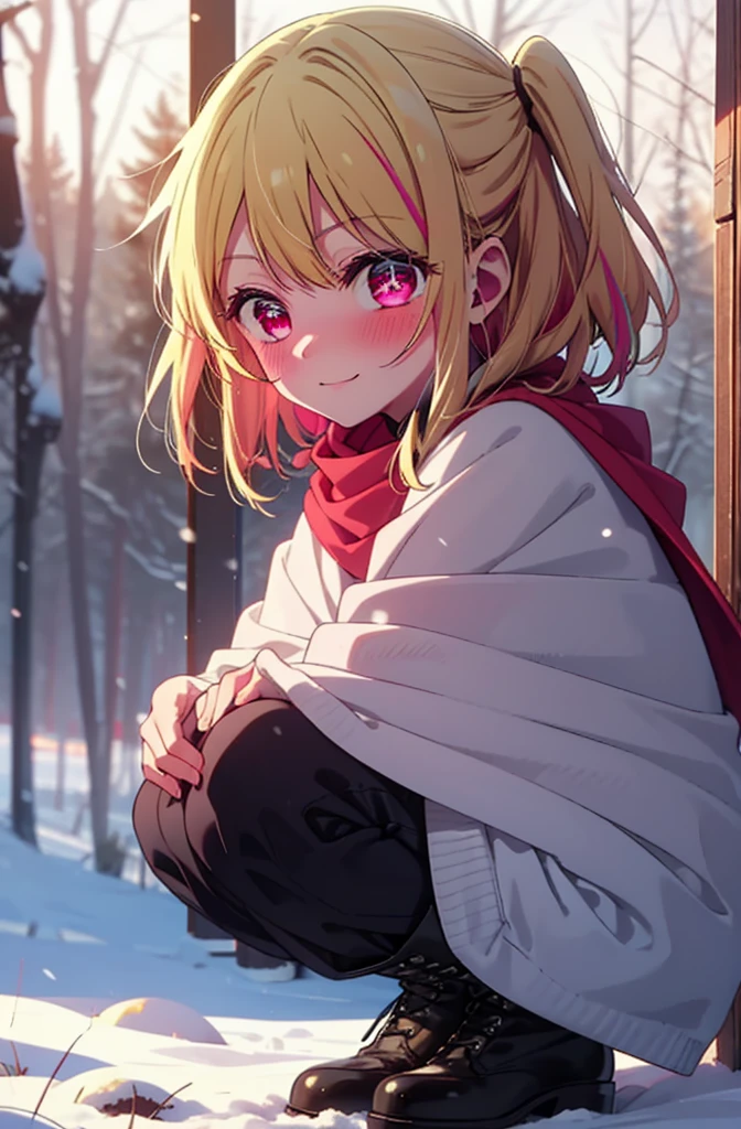 rubyhoshino, Hoshino Ruby, Long Hair, bangs, blonde, (Pink Eyes:1.3), Side Lock, (Symbol-shaped pupil:1.5), Multicolored Hair, Two-tone hair, smile,,smile,blush,White Breath,
Open your mouth,snow,Ground bonfire, Outdoor, boots, snowing, From the side, wood, suitcase, Cape, Blurred, , forest, White handbag, nature, Squat, Mouth closed, Cape, winter, Written boundary depth, Black shoes, red Cape break looking at viewer, Upper Body, whole body, break Outdoor, forest, nature, break (masterpiece:1.2), Highest quality, High resolution, unity 8k wallpaper, (shape:0.8), (Beautiful and beautiful eyes:1.6), Highly detailed face, Perfect lighting, Extremely detailed CG, (Perfect hands, Perfect Anatomy),