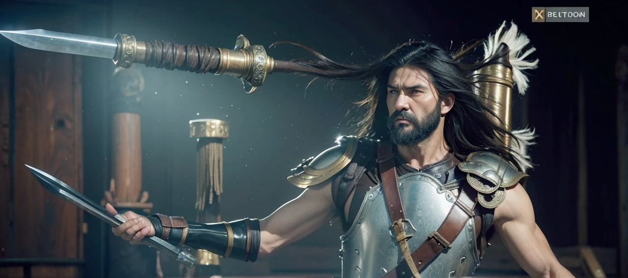 masterpiece, high quality, best quality, beautiful, hd, realistic, perfect lighting, detailed face, detailed body, 1 man, solo, black hair, green eyes, long black beard, brown and worn leather clothing gladiator style: 1.4), leather breastplate, 1 wooden spear in hands, war battle background, gladiator style, muscular men, robust, angry look,