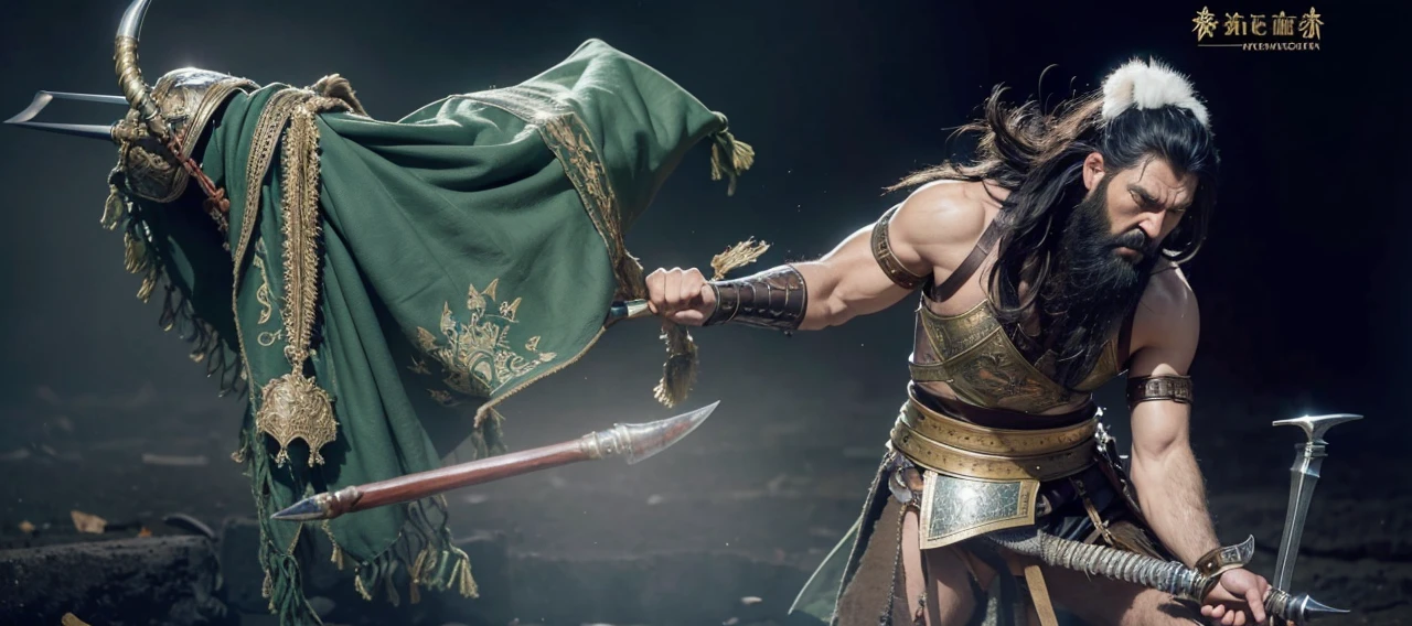 masterpiece, high quality, best quality, beautiful, hd, realistic, perfect lighting, detailed face, detailed body, 1 man, solo, black hair, green eyes, long black beard, brown and worn leather clothing gladiator style: 1.4), leather breastplate, 1 wooden spear in hands, war battle background, gladiator style, muscular men, robust, angry look,  