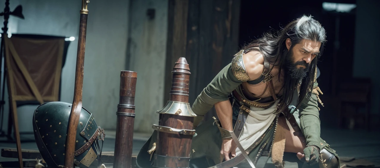 masterpiece, high quality, best quality, beautiful, hd, realistic, perfect lighting, detailed face, detailed body, 1 man, solo, black hair, green eyes, long black beard, brown and worn leather clothing gladiator style: 1.4), leather breastplate, 1 wooden spear in hands, war battle background, gladiator style, muscular men, robust, angry look,