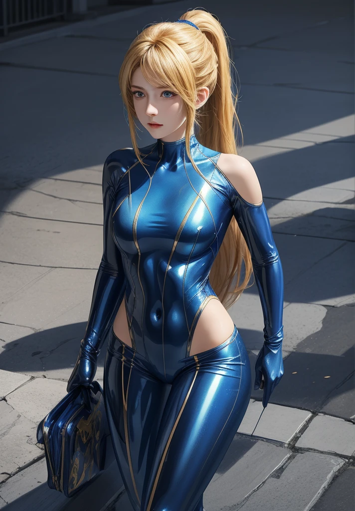 (anime,masterpiece, top quality, best quality,beautiful and aesthetic:1.2,professional illustrasion:1.1,ultra detail:1.3, official art, professional illustrasion, Ultra-detailed depiction, Ultra-precise depiction, extremely detailed 8k illustration, highres, ultra detailed painting, soft shadows), (girl), samus aran \(cosplay\), cool beauty, milf, glossy, (golden long hair), (ponytail), big breasts, perfect body, pubic hair, blue samus aran suit,