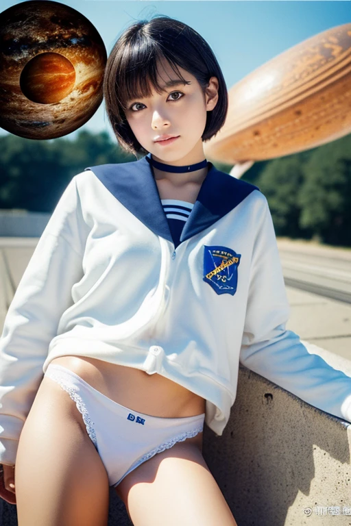 Analog Style, RAWphotograph, photograph, Hyperrealistic, amateur photo shot , Aesthetic artwork, ((Magazine Cover、Large text)), Detailed skin, detailed natural raw light, Very detailedな, cinematic, highest quality, Super detailed, Very detailed, grain, noise, Heading, stylish, Font, memorable、A boyish and healthy beautiful girl,((Flowing sweat)) Beautiful Eyes, Realistic eyes, Beautiful details in the eyes, (Realistic Skin),Japanese Idols、short hair、(((High school girl)))、(((White small panties))),choker , (((High school uniform)))、(((universe space、planet、Space Travel、Spaceship)))