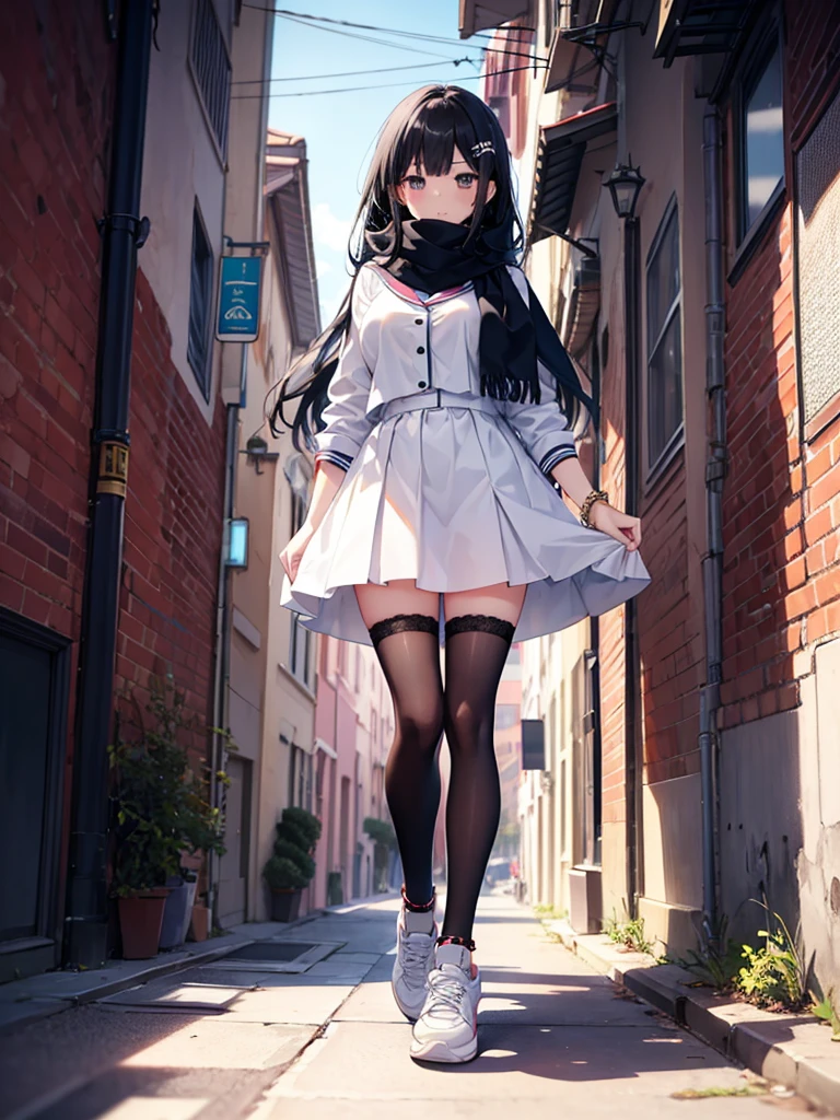 1girl,,legwear,,anklet,black hair,straight_hair,hime cut,long hair,sneakers,huge filesize,scarf，Uniforms，lace