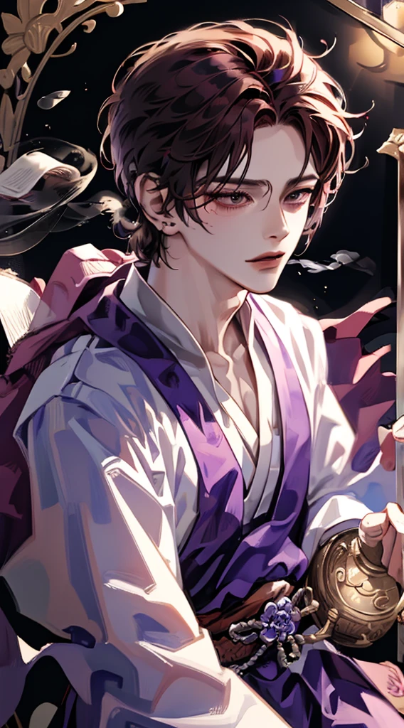 Dark purple Hanfu, Exquisite androgynous prince, inspired by Xia Lian, Long brown hair, Smoke pipe, blindfold on eyes