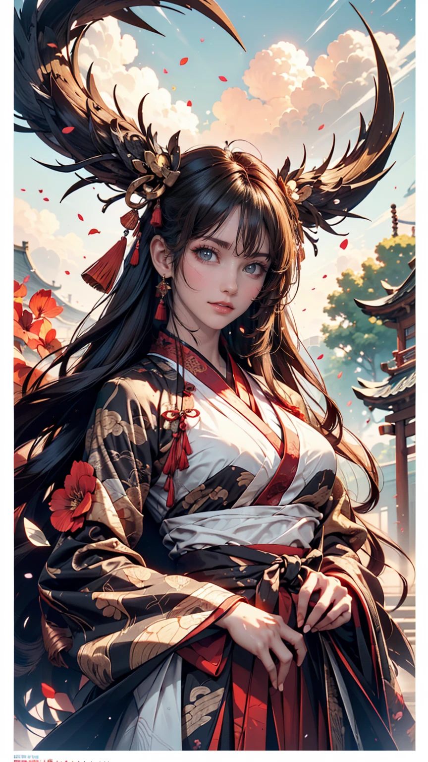 (Divine Beast), Nine-Tailed Fox, Dynamic Body Type, (Chinese Monster), good looking, splashed Ink, Chinese, One girl, ((whole body), ((2.5D)), Floating Hair, Beautiful Eyes, Delicate eyes, Delicate silhouette, Fantasy art, (Antique black and red brocade hanfu), Fob, (masterpiece), Front shot, Landscape Portrait, White Background, (Movie Posters), sharp, splash, cloud, petal, nullの, null, (Wide-angle lens), Overlooking