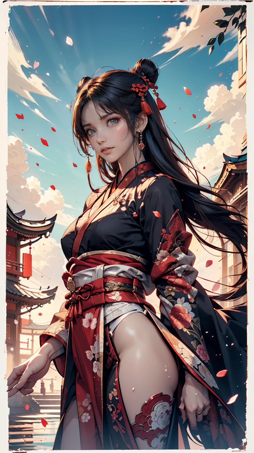 (Divine Beast), Nine-Tailed Fox, Dynamic Body Type, (Chinese Monster), good looking, splashed Ink, Chinese, One girl, ((whole body), ((2.5D)), Floating Hair, Beautiful Eyes, Delicate eyes, Delicate silhouette, Fantasy art, (Antique black and red brocade hanfu), Fob, (masterpiece), Front shot, Landscape Portrait, White Background, (Movie Posters), sharp, splash, cloud, petal, nullの, null, (Wide-angle lens), Overlooking
