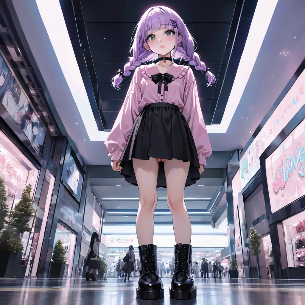 masterpiece, ultra detailed, 8K, solid blue Skyscrapers background, full body shot, Angle looking up from below.happy, a girl, kawaii, light atmosphere, mysterious atmosphere, (Cute a girl:1.5), (a girl with closs hair pin,pale purple hair,wavy two braids,bluntbangs hair,green and black eyes,
pink shirt,cosplay, jirai kei, bangs, black skirt, black bow, looking at viewer, bow, long sleeves, choker, ribbon,pink lips,Thick-soled boots,fullbody shot :1.4),pussy focus,Masturbation Female with her finger,nsfw,
(masterpiece:1.3), anime visual, (Lovey-dovey:1.5), (tilt head:1.3), extremely delicate face, soft clean focus, realistic lighting and shading, (an extremely delicate and beautiful art:1.3), elegant, (muted colors:1.1), small breast,slim,Sitting on a carry-on bag in Shinjuku Tower ,n mall,night lit,