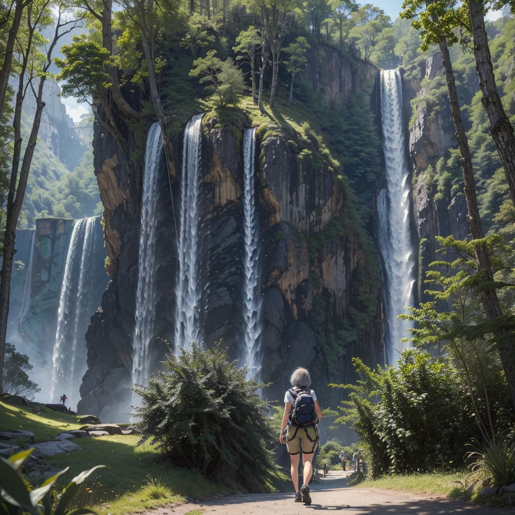 ((masterpiece)), ((best quality)), (ultra-detailed), ((extremely detailed)), 4K, (8K), best quality, a woman, (( gray hair)), ((curly bob cut)), hair in 7 thirds, 20 years old, ((wavy hair)), ((1girl, solo))
In the woods, hiking, white tank top, moss green cargo pants, ((((carrying a large climbing backpack)),)), huge trees, beautiful scenery, huge waterfall, divine, climbing shoes, standing, from behind, back view, (( gigantic scale)), detailed limbs