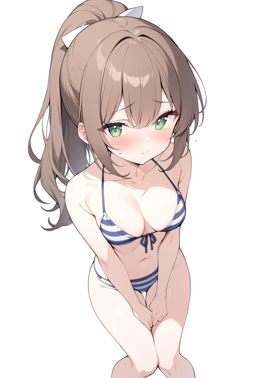 (masterpiece), (best quality), 1girl, medium breasts, brown hair, ponytail, wavy ponytail, green eyes, swimsuit, bikini, shy, blush, looking at you, sitting, full body, white background