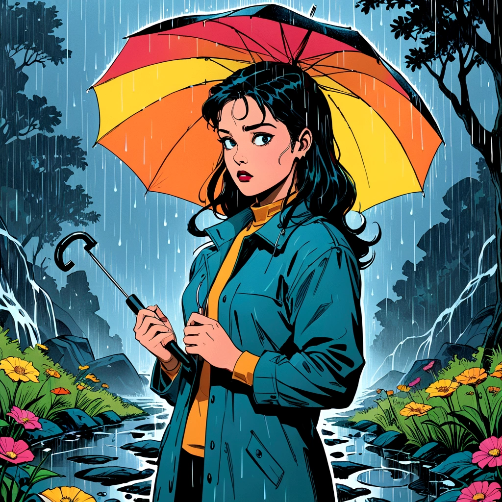 woman holding umbrella, technicolor rain, uv light face mask, , VHS, glitch, distorted, nostalgia, 90's retro vibes, analog tape, vcr aesthetics, tv, television, 1990's cartoon homage), comic 1990's, animated tv show screengrab, cinematic poster, image within image, multiple exposure, massive scale, rich color grading for shading depth, hand drawn rotoscope cartoon realism, chiaroscuro lighting, mixed media, vintage comic, retro original design, 1990's comic, sense of movement energy, A black and white world, holding umbrella, each drop of rain unleashes a ripple of color, bringing color to this otherwise mundane world, color reverberating out from each raindrop as it makes contact with the ground, subtle coloring to enrich the black and white image, rich color grading, sense of depth, shading and shadows