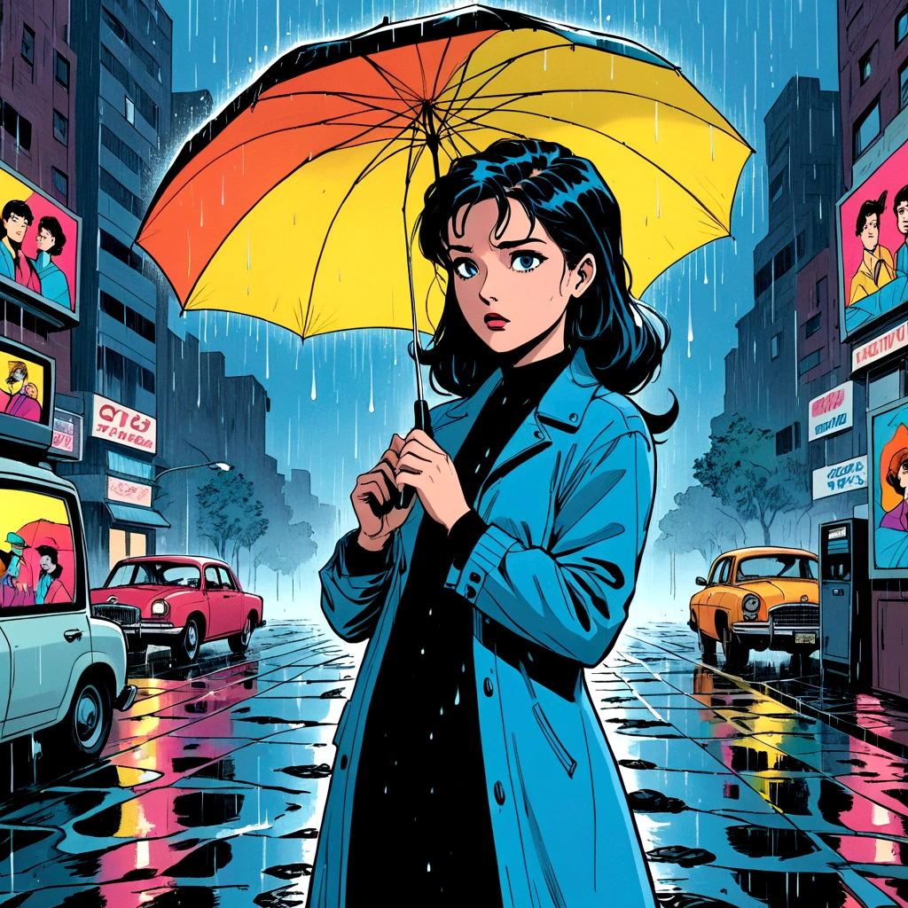 woman holding umbrella, technicolor rain, uv light face mask, , VHS, glitch, distorted, nostalgia, 90's retro vibes, analog tape, vcr aesthetics, tv, television, 1990's cartoon homage), comic 1990's, animated tv show screengrab, cinematic poster, image within image, multiple exposure, massive scale, rich color grading for shading depth, hand drawn rotoscope cartoon realism, chiaroscuro lighting, mixed media, vintage comic, retro original design, 1990's comic, sense of movement energy, A black and white world, holding umbrella, each drop of rain unleashes a ripple of color, bringing color to this otherwise mundane world, color reverberating out from each raindrop as it makes contact with the ground, subtle coloring to enrich the black and white image, rich color grading, sense of depth, shading and shadows